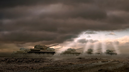 A holy war scene of a group of tanks riding under a dramatic sky into rays of light shining through...