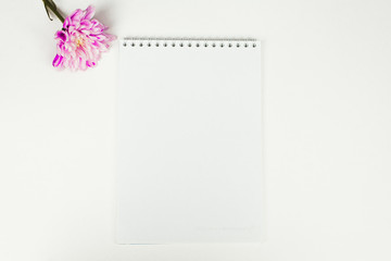 Blank notebook with pink flower on a white background. Top view of little plant with chrysanthemum on blank notebook on white fabric workspace background. Copyspace, mockup