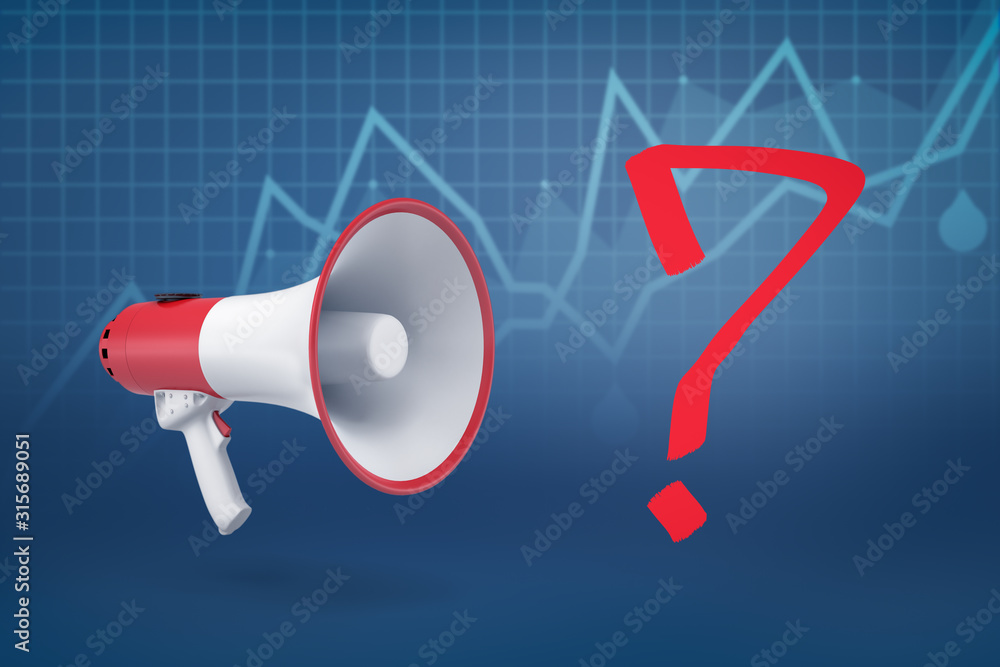 Poster 3d rendering of white red megaphone with red question mark on blue diagram background