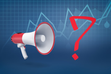 3d rendering of white red megaphone with red question mark on blue diagram background
