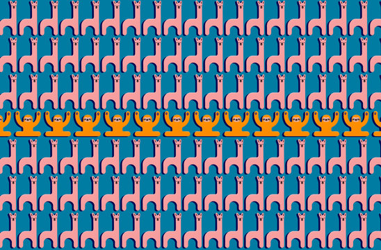 Cute sloths and llamas wooden toy pattern on blue background