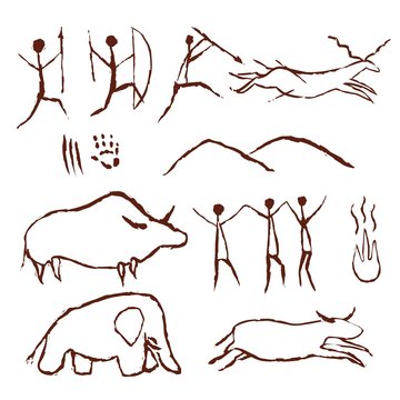 Rock painting cave old art symbol hand drawn vector illustration. Prehistoric animal and traditional primitive people hunting ornament isolated on white background