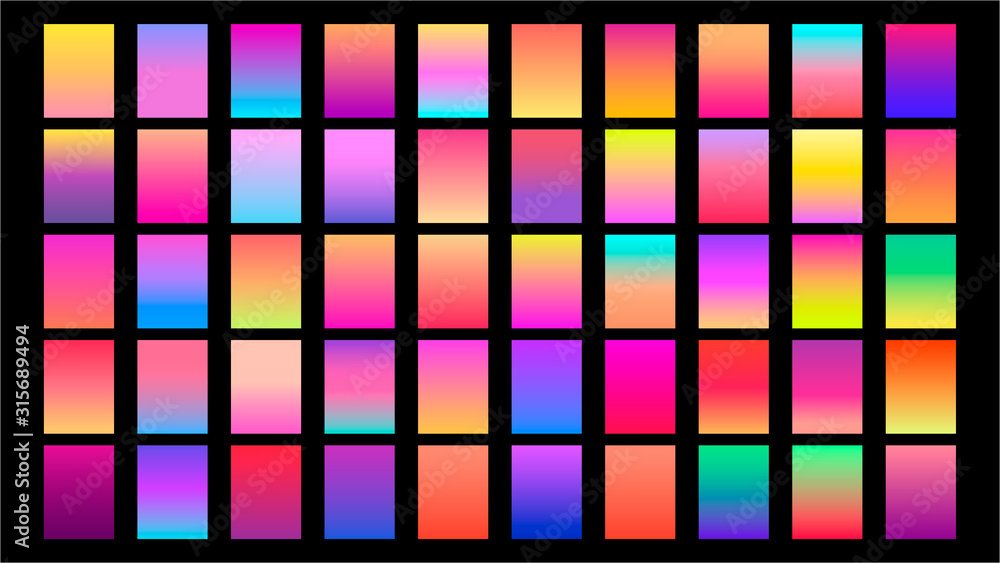 Poster set of square gradient icons with different colors and shades. pack glossy colorful gradients on a b