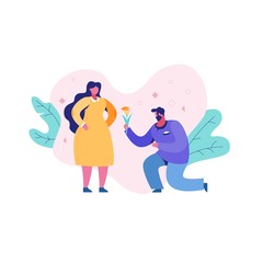 Romance of a man and a woman in a caricature style. Cartoon couple, a man gives flowers to a woman outdoors.