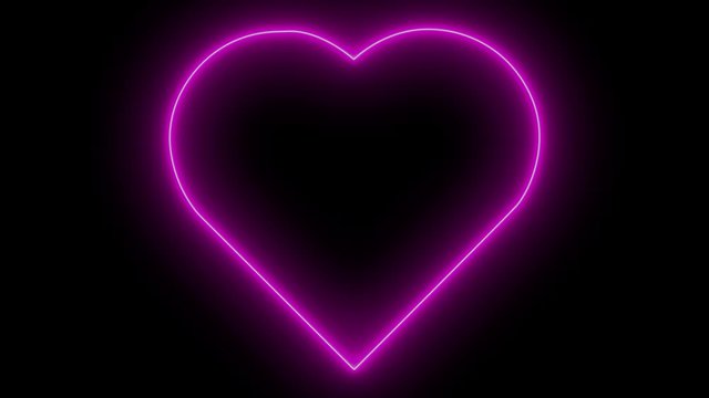 Beautiful heart symbol animation with pink neon light glowing on dark background in 4k resolution