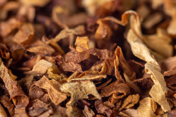 A pile of freshly cut tobacco texture in the background. Closeup