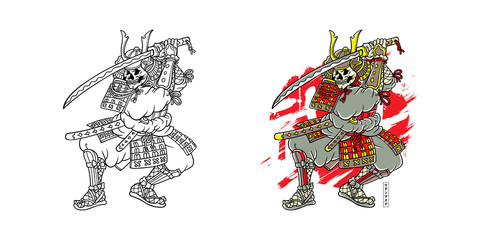SKULL SAMURAI hand drawn vector t-shirt illustration - color version