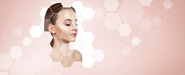Young sensual woman with mosaic honeycombs on face. - obrazy, fototapety, plakaty