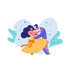 Dance between a woman and a man outdoors and nature. A cartoon caricature of a couple actively dancing. A woman in a beautiful dress moves rhythmically.