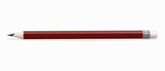 Simple red wooden pencil on a white background. Stationery for drawing. A simple pencil with an eraser.