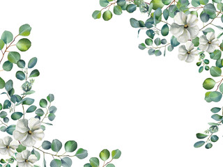 Watercolor floral illustration with jasmine flowers and eucalyptus branches isolated on white background. Spring or summer frame for invitation, wedding or greeting cards.