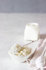 Milk mushroom and natural homemade organic yogurt in glass jars. Organic probiotic fermented milk products in a white ceramic bowl. Fermented foods, healthy eating concept. 