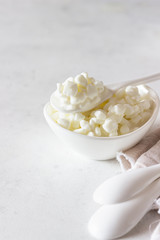 Milk mushroom and natural homemade organic yogurt in glass jars. Organic probiotic fermented milk products in a white ceramic bowl. Fermented foods, healthy eating concept. 