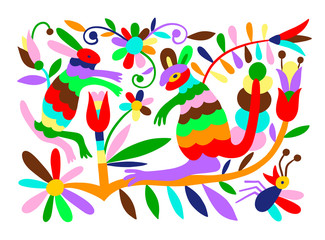mexican tribal embroidary otomi style pattern with bird, animal and flower