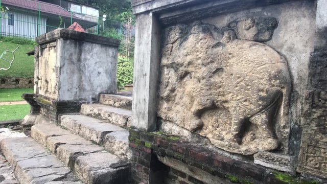 Kandy, Sri Lanka, November 25, 2019, Sri Dalada Maligawa stairs with elephants along the fence in the temple 4K