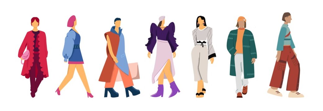 Set Of Cartoon Fashion Models Clothes Presentation Vector Flat Illustration. Collection Of Female And Male Character Posing In Trendy Clothing Isolated On White Background Big Limbs Style