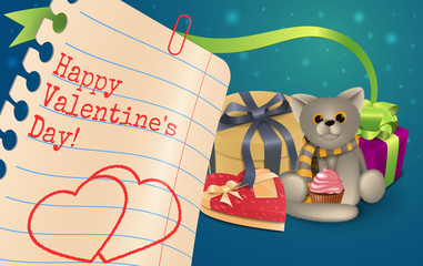 Valentine's day greeting blue card with a toy cat, cupcake and gifts.
