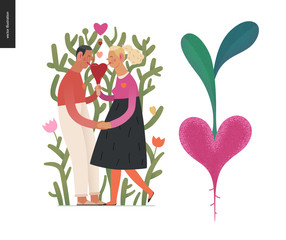 Couple in love - Valentines day graphics. Modern flat vector concept illustration - a young hetoresexual couple licking a heart shaped ice cream, a plant behind. Cute characters in love concept