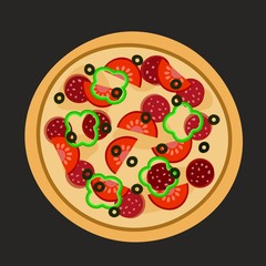 Flat design of pizza on black or dark grey. Vector illustration. Isolated