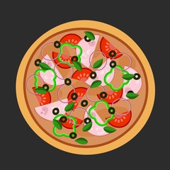 Flat design of pizza on black or dark grey. Vector illustration. Isolated