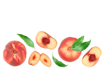 Ripe chinese flat peach fruit and half with leaf isolated on white background with copy space for...