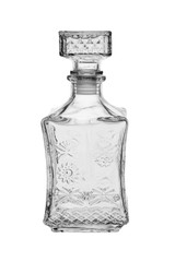 Empty square-shaped glass decanter, closed with a glass stopper. Isolated on a white background
