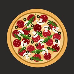 Flat design of pizza on black or dark grey. Vector illustration. Isolated