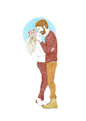 Young man kisses young woman isolated