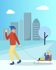 Father and daughter walking with sleigh in urban winter park. Happy parent and child sitting on sledge near snowy tree and high building. Leisure of dad and kid on snowy land with cityscape vector