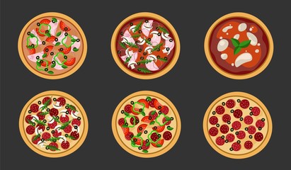 Fototapeta na wymiar Pizza set isolated on black or dark grey. Italian restaurant menu concept. Vector illustration.