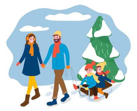 People walking in winter forest, mother and father with kids sitting on sleds. Children and parents on vacation in park. Cloudy weather and frost outdoors, landscape with pine tree and snow vector