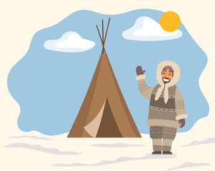 Smiling arctic person in traditional warm clothes standing near tent on snowy landscape. Man hunter in hood waving hand near stall. Eskimo cartoon character outdoor snow and sunny weather vector - obrazy, fototapety, plakaty