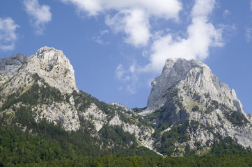 Fototapeta na wymiar View of summits in Albanian Alps from Valbona valley in Valbona Valley National Park