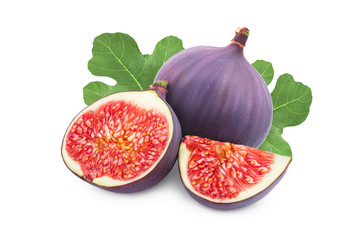 Fresh fig fruit and half with leaves isolated on white background