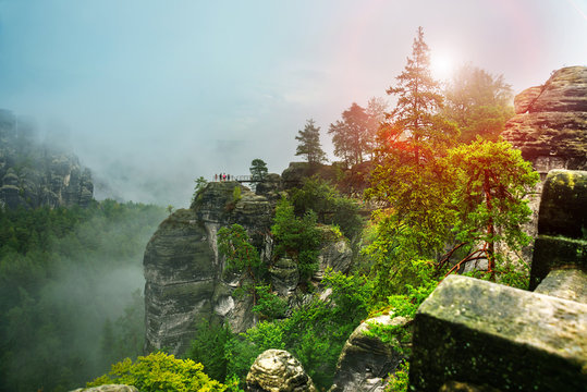 Bastei, Germany: Beautiful landscape with bastey rocks in the national Park Saxon Switzerland. Fog in the mountains