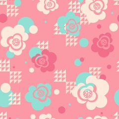 Abstract seamless pattern of bright pink flowers. Textural background of roses with geometric elements, wallpaper, wrapping paper.