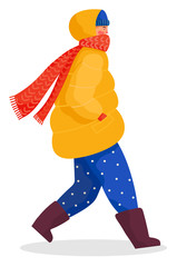 Person walking alone, winter cold weather. Woman dressed in warm apparel like overcoat. Yellow outerwear, orange scarf and blue pants on girl. Vector illustration of seasonal clothes in flat style