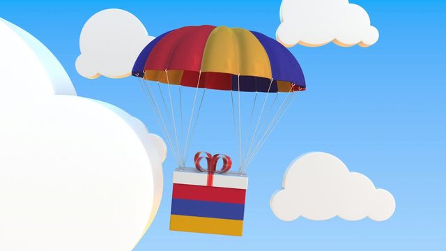 Box with national flag of Armenia falls with a parachute. Loopable conceptual 3D animation