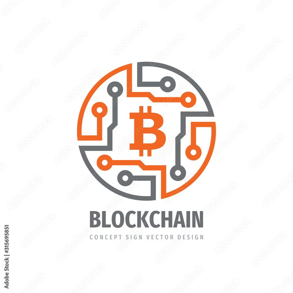 Poster bitcoin block chain logo template design. electronic computer technology sign. vector illustration.