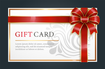 Gift card decorated by ribbon and big bow in red color. Festive postcard with text template and pattern white. Invitation icon or coupon with golden frame and elegant stripes on black. Present voucher