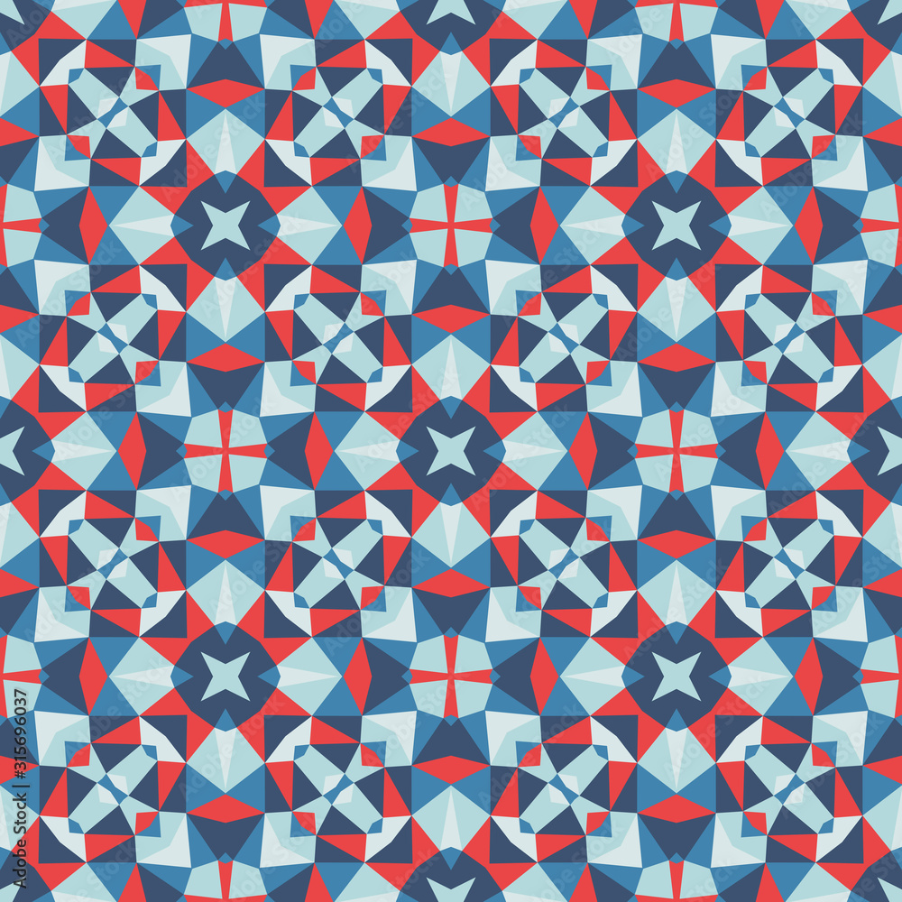 Poster abstract geometric background. seamless pattern design. blue and red colors. mosaic decorative struc