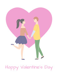 Happy Valentines day and dating teenagers, girl in skirt standing on one leg, boy in yellow sweater and trousers isolated people. Vector cartoon students
