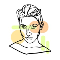 Abstract portrait of a man drawn in one line. The man's face is drawn by a continuous line on a white background and geometric details.