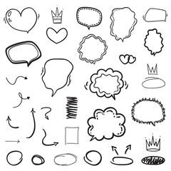 Set of hand drawn elements. Abstract speech bubbles. Abstract speech bubble on white. Circles and arrows. Black and white illustration