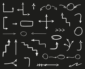 Hand drawn arrow. Set of different arrows. Black and white illustration