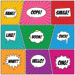 Retro comic speech bubbles set on colorful background, Bang, Oops, Boom, Hello, Smile, Ouch, Like, What, Cool, Wow, Hey, Crash, Vector cartoon explosions with different emotion