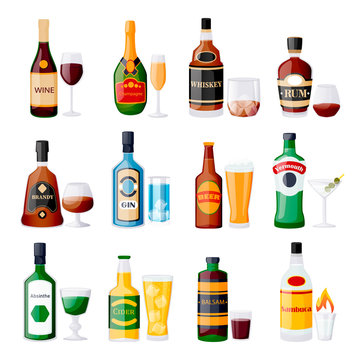 Alcohol drink bottles and glasses. Vector flat cartoon isolated illustration. Bar menu design elements