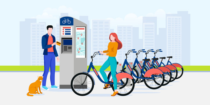Public city bicycle sharing business, vector flat illustration. Modern automated bike rental service system concept