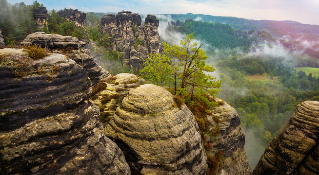 View from viewpoint of Bastei, National park Saxon Switzerland, Germany.