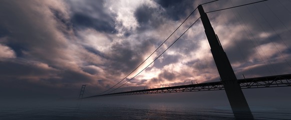 Bridge at sunset, sea sunset, clouds over the bridge